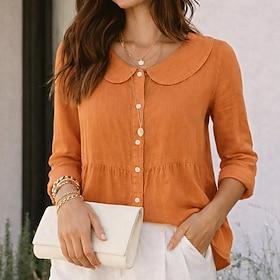 Dame Skjorte Skjorter i bomuld Casual skjorte Button Up skjorte Knapper Helfarve Vanlig Ferie Mode Daglig Peter Pan krave Almindelige toppe Streetwear Strand F