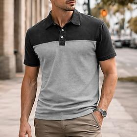 Men's Polo 100% Cotton Acid Wash Shirt Casual Sports Lapel Short Sleeve Fashion Basic Plain Color Block Vintage Spring  Summer Summer Spring Regular Fit Blue L