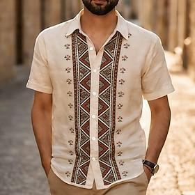 Herre Geometrisk Etnisk Blomster Skjorte Guayabera skjorte Button Up skjorte Kortærmet Vintage retro Daglig udendørs Ferierejse Sommer Forår Aftæpning 3D-udskr