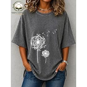 Kvinders 100% bomulds T-shirt vintage vaskede toppe print grafik planter stilfuld basis klassisk kortærmet crew neck rund hals almindelige toppe afslappet dagl