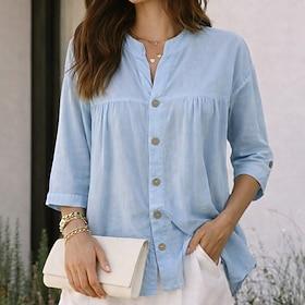 Women's Shirt Casual Shirt Button Up Shirt Faux Cotton Linen Ruched Solid Color Plain Elegant Vacation Fashion Half Sleeve Stand Collar Long Tops Streetwear Be