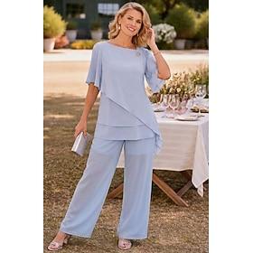 Women's Two Piece Sets Chiffon Short Sleeve Butterfly Sleeve Square Neck Solid Color Plain Layered Elegant Formal Wedding Guest Casual Daily Blue Sky Blue Summ