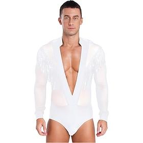Herre hvid latin ballroom dansedragt - pailletteret trikot med frynser og dyb V-hals til salsa ydeevne
