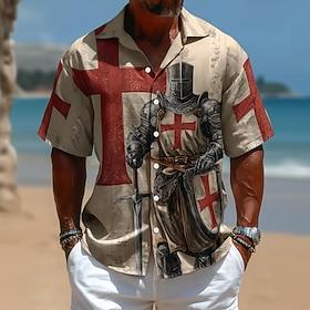 Men's Knights Templar Cross Religion Shirt Button Up Shirt Short Sleeve Vintage Retro Streetwear Vacation Summer Spring Turndown 3D Print Collared Shirts Blue