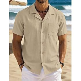 Men's Shirt Linen Shirt Summer Shirt Beach Shirt Button Up Shirt Plain Vacation Holiday Black White Navy Blue Sky Blue Short Sleeve Notch lapel collar Summer S