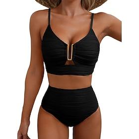 Women's Swimwear Bikini 2 Piece High Waist Swimsuit Ruched Backless Vacation Beach Wear Plain V Neck Sleeveless Bathing Suits