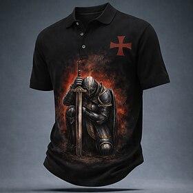 Men's Knights Templar Crusaders Polo Shirts Short Sleeve Polo Shirts Lapel Vintage Casual Street Athleisure Daily Wear 3D Print Buttons Breathable Mesh Summer