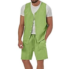 Herre Linned skjorte 2 Dele Skjorte sæt Og Shorts Linneshorts Strandshorts Sæt Vanlig Daglig udendørs Ferierejse V-hals Uden ærmer Sommer Mode Afslappet Bekvem