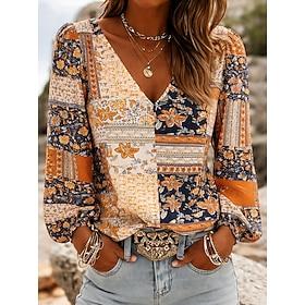 Dame Skjorte Boho skjorte Trykt mønster Blomstret Grafisk Elegant Boheme Ferie Langærmet V-hals Almindelige toppe Afslappet Daglig Ferie Blå Lyserød Orange Grø