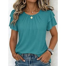 Women's T Shirt Tee Top Ruched Plain Elegant Fashion Stylish Short Sleeve Crew Neck Regular Tops Daily Going out Weekend Black White Navy Blue Green Apricot Su
