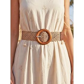 Dame boho vævet taljebælte, flerfarvet strækbart flettet bælte med vintage rundt træspænde til strandferie, sommerresort og hverdagsbrug