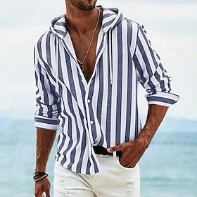 Men's Shirt Linen Shirt Summer Shirt Beach Shirt Hooded Shirt Striped Shirts Vertical Stripes Vacation Hawaiian Blue Yellow Pink Red Long Sleeve Hoodie Summer