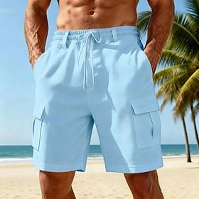 Men's Shorts Linen Shorts Summer Shorts Beach Shorts Drawstring Pocket Elastic Waist Plain Comfort Breathable Knee Length Daily Outdoor Beach Vacation Fashion