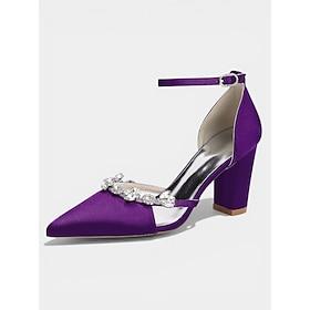 Lilla satin spidse tå blokhæle til kvinder, pumps med rhinstenskant og ankelrem til cocktailfest og bryllup aftenarrangementer
