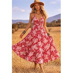 Dame Maxikjole Boho-kjole Sommerkjole Hverdagskjole Etnisk kjole Elegant Boheme Ferie Strand Ferie Stævnemøde Regulær Blomstret Grafisk Uden ærmer V-hals Rød L