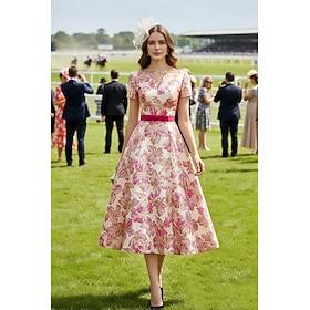 A-Line Tea Length Formal Dresses Cocktail Dresses Elegant Short Sleeve V Neck Wedding Formal Jacquard with Bow(s)