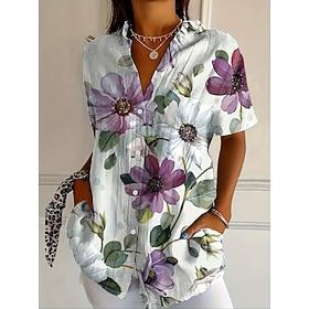 Dame Skjorte Button Down skjorte Sommertoppe Knapper Trykt mønster Blomstret Grafisk Årgang Stilfuld Moderne Kortærmet Krave Lange toppe Daglig Lysegrøn Lyserø