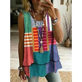 Women's Tank Top Patchwork Layered Print Graphic Geometry Elegant Casual Sleeveless Crew Neck Regular Tops Casual Daily Blue Yellow Red Purple Summer Spring
