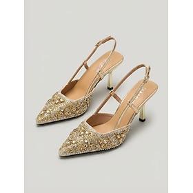 Kvinders slingback-hæle med guldudsmykning – elegante pumps med spids tå til havebryllupsgæster formelle sommerarrangementer