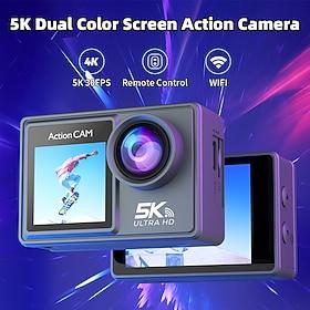5K 30FPS Action Camera, Dual Screen Touch Screen WiFi Waterproof Camera with Remote Control, Underwater Vlog Camera for Helmet, Swimming, Diving, Snorkeling, S