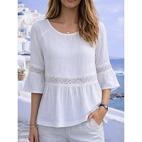 Dame Bluse Drapering Udhulet Helfarve Luksuriøs Afslappet 3/4-ærmer Rund hals Almindelige toppe Daglig Hvid Gul Lysegrøn Lyserød Lys Lilla Sommer Forår Efterår