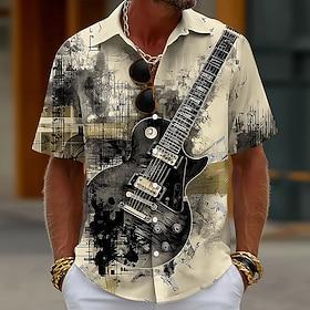Men's Guitar Musical Instrument Musical Notes Shirt Button Up Shirt Short Sleeve Vintage Retro Daily Music Festival Summer Spring Turndown 3D Print Collared Sh