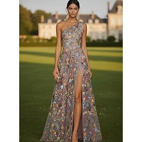 A-linje Gulvlang Aften Kjoler Formel påklædning Elegant Blomster Uden ærmer Etskuldret Havefest Bryllup Chiffon Tyl med Blomsterprint Broderet blomst Slids