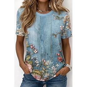 Women's T Shirt Print Ombre Floral Graphic Stylish Classic Casual Short Sleeve Crew Neck Round Neck Regular Tops Casual Daily Blue White-Blue White Summer Spri