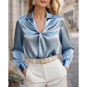 Dame Satin top Bluse Silketoppe Krøllede Folder Vanlig Elegant Daglig Stilfuld Langærmet V-hals Krave Almindelige toppe Daglig Sort Hvid Himmelblå Lys Lilla Ab