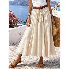 Women's Vacation Skirt Faux Cotton Linen Skirt Fashion Casual Maxi High Waist Skirts Plain Pleated Inelastic Daily Vacation Blue Black Pink Khaki Summer