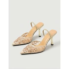Kvinders guldfarvede mule-hæle med blondedetaljer – spidse, broderede slip-on pumps til cocktailparty og aftenarrangementer elegant aften ude