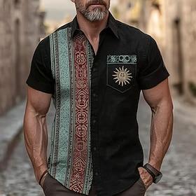 Men's Tribal Ethnic Sun Totem Shirt Summer Shirt Button Up Shirt Short Sleeve Vintage Retro Vacation Casual Daily Summer Spring Turndown 3D Print Linen Like Sh