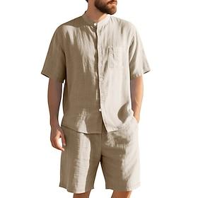 Men's Linen Shirt 2 Piece Shirt Set And Shorts Linen Shorts Beach Shorts Set Plain Daily Outdoor Beach Grandad Collar Short Sleeve Summer Fashion Casual Comfor