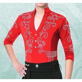 Men's Red Rhinestone Latin Dance Shirt Deep V 3/4 Sleeve Ballroom Performance Top
