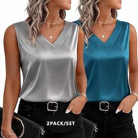 Multipakker 2stk Dame V-hals Uden ærmer HvidRød T-shirt Patchwork Ren Helfarve Daglig Forretning Polyester Sommer