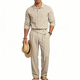 Herre Linned skjorte 2 Dele Skjorte sæt Og Linnedbukser Bukser Casual bukser Sæt Vanlig Daglig udendørs Ferierejse Aftæpning Langærmet Sommer Forår Mode Afslap