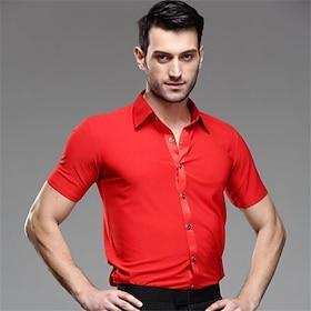 Men's Red Latin Dance Shirt Short Sleeve Slim Fit Ballroom Performance Top