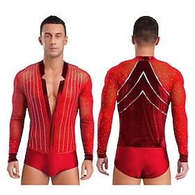 Men's Red Rhinestone Latin Dance Bodysuit Deep V Mesh Long Sleeve Ballroom Performance Costume