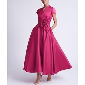 A-Line Tea Length Cocktail Dresses Party Dresses Wedding Guest Dresses Elegant Sleeveless V Neck Cocktail Party Pocket Satin with Bow(s)