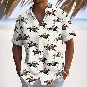 Kentucky Derby Herre Stribet Gradientfarve Hestevæddeløb Skjorte Sommer skjorte Button Up skjorte Kortærmet Vintage retro Ferie Sommer Forår Aftæpning 3D-udskr
