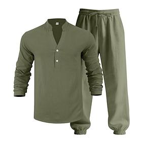 Herre Linned skjorte 2 Dele Popover skjorte Og Linnedbukser Bukser Casual bukser Sæt Vanlig Afslappet Daglig udendørs V-hals Langærmet Sommer Forår Mode Afslap