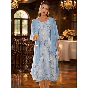 Todelt A-linje Te-længde Gæstekjole til bryllup Kjole til brudens mor Uden ærmer 3/4-ærmer Rund hals Elegant Enkel Minimalistisk Formel Semi formel Chiffon Jac