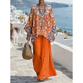 Women's Pants Sets 3/4 Length Sleeve Round Neck Graphic Geometric Print Fashion Streetwear Casual Daily Outdoor Blue Purple Orange Summer Loose Fit