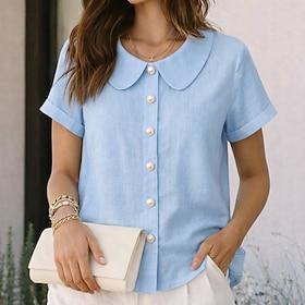 Dame Skjorte Sommer skjorte Casual skjorte Button Up skjorte Helfarve Vanlig Elegant Ferie Mode Kortærmet Peter Pan krave Almindelige toppe Streetwear Strand F