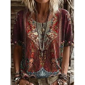 Dame T-shirt Trykt mønster Blomstret Grafisk Planter Årgang Stilfuld Afslappet Kortærmet V-hals Lange toppe Afslappet Daglig Weekend Blå Sort Rød Sommer Forår