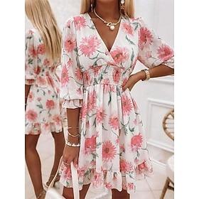 Dame Mini kjole A Linje Kjole Ferie Afslappet udendørs I-byen-tøj Standard pasform Blomstret Grafisk 3/4-ærmer V-hals Blå Lyserød Himmelblå Lilla Sommer Forår