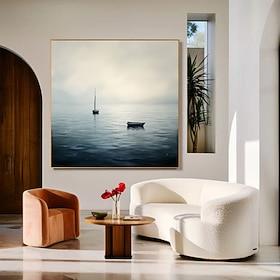 Misty Horizon with Sailboats Painting Nautical Wall Art Tranquil Ocean Landscape Vintage Maritime Decor Sailboat Landscape Painting