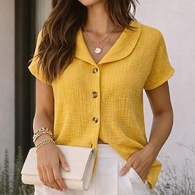 Dame Skjorte Casual skjorte Button Up skjorte Imiteret bomuldslinned Helfarve Vanlig Elegant Ferie Mode Kortærmet V-hals Almindelige toppe Streetwear Strand Fe