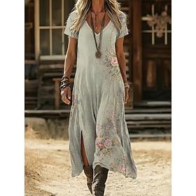 Women's Midi Dress Boho Dress Casual Dress A Line Dress Print Dress Vintage Outdoor Vacation Weekend Regular Fit Floral Graphic Short Sleeve V Neck Green Summe