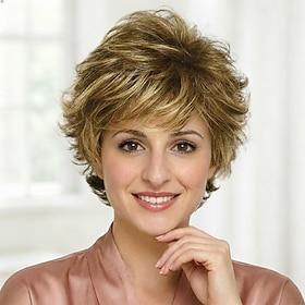 Elegant kort, krøllet syntetisk paryk til kvinder - lys blond med naturlige highlights, voluminøs stil